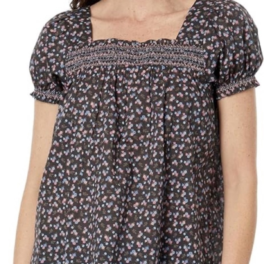 Lucky Brand Brown and White Smocked Puff Sleeve Blouse